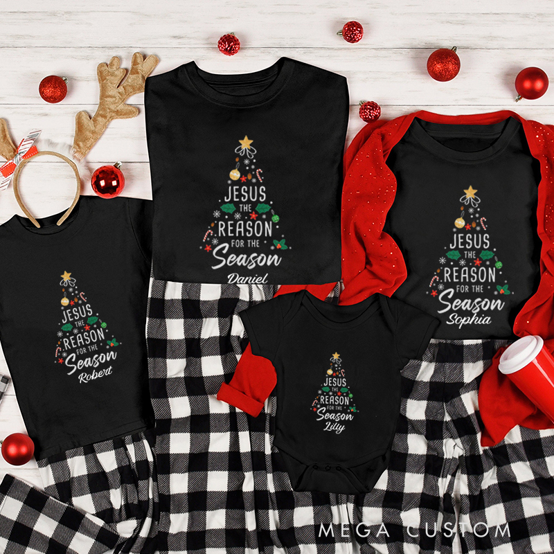 Personalized Jesus the Reason the Season Faith Christmas Family Matching Crew Neck T-Shirts with Name Christmas Gift Religious Gift