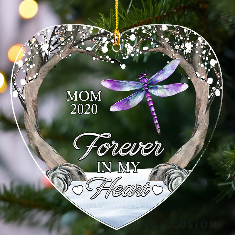 Personalized Heart Shaped Memorial Ornament With Dragonfly And Tree Design Custom Name And Year Forever In My Heart Keepsake