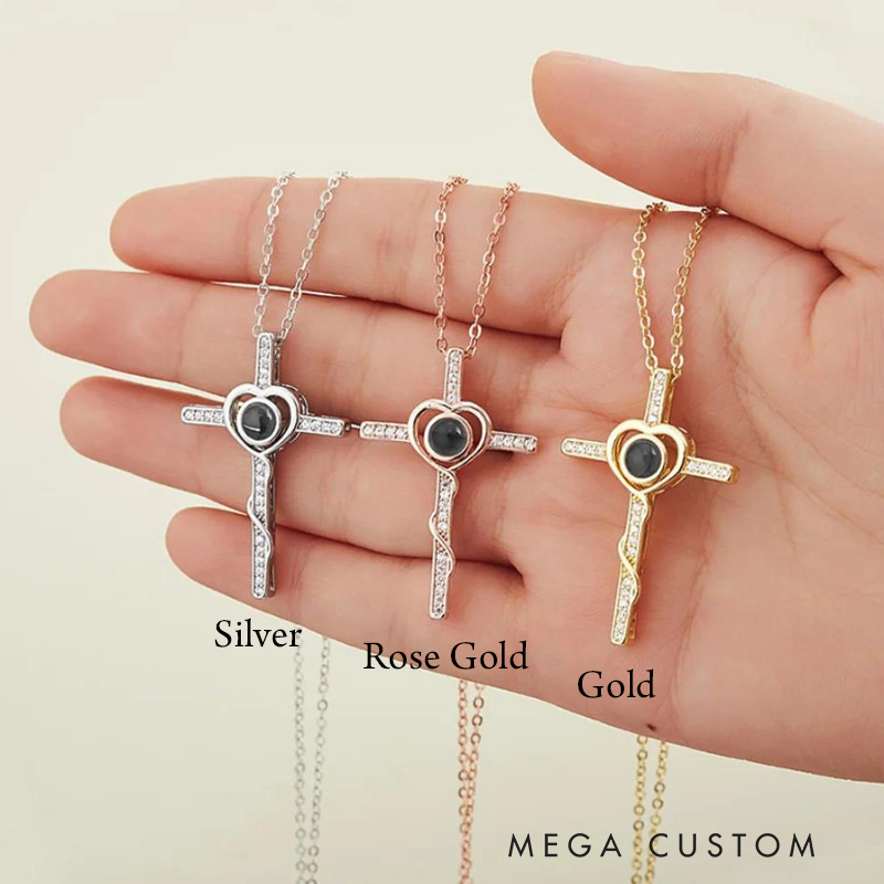 Personalized Cross Photo Projection Necklace with Picture Inside Custom Memorial Photo Pendant Sympathy Gift