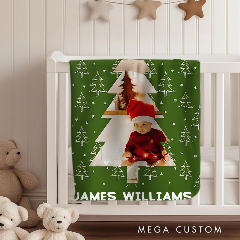 Personalized Photo Name Baby's First Christmas Green Baby Blanket