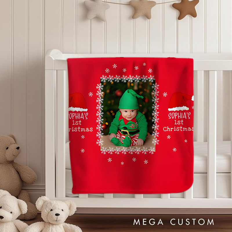 Personalized  Baby's First Christmas Santa Hat Snowflake Photo Baby Blanket