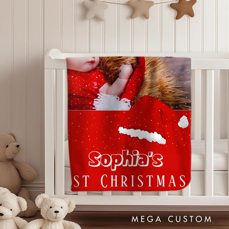 Personalized Baby's First Christmas Santa Hat Snowflakes Photo Baby Blanket