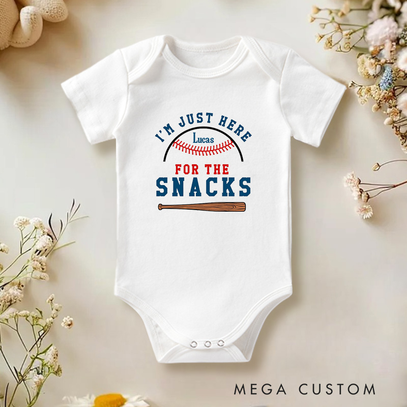 Personalized I'm Just Here for the Snacks Fun Baseball Snack Lover Design Baby Onesie