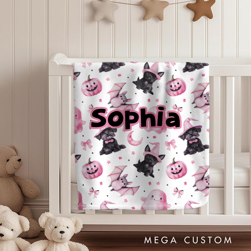 Personalized Adorable Baby Blanket Featuring Playful Witch Cats and Ghosts for Baby's First Halloween