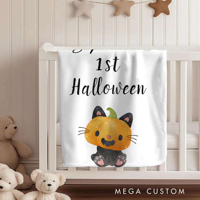 Personalized Baby Blanket for Baby's First Halloween with a Cute Pumpkin Cat for a Spooky Adventure