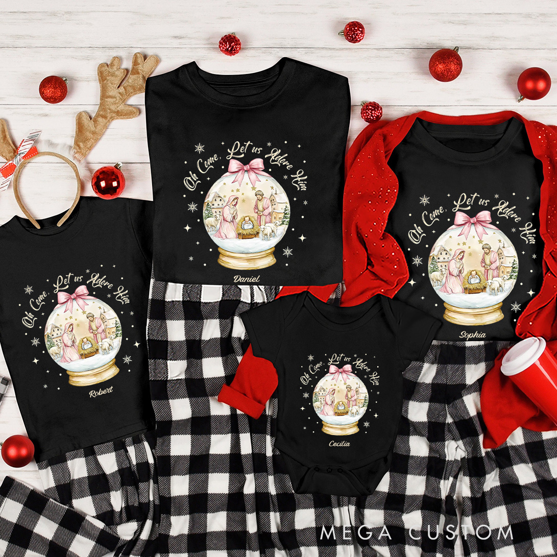 Personalized Oh Come Let Us Adore Him Family Matching Christmas T-Shirt with Name Nativity Scene Tee Jesus Christmas Shirt Christian Christmas Gift