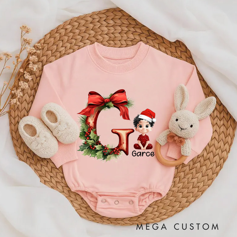 Personalized Cartoon Character Holly Bow Initial Bodysuit with Name Christmas Party Gifts for Baby