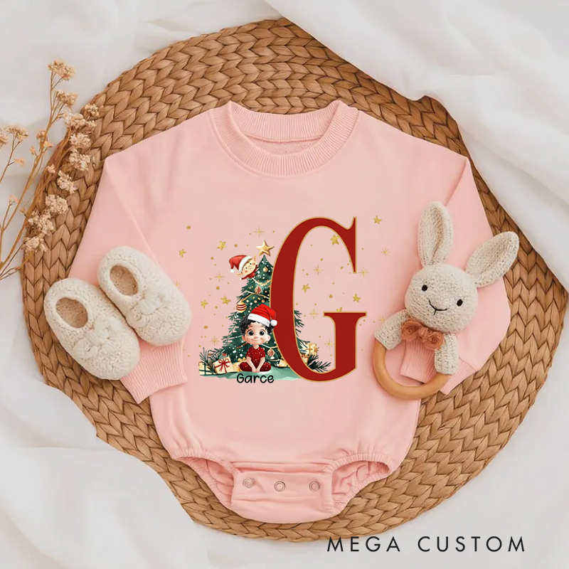 Personalized Cartoon Character Holly Bow Initial Bodysuit with Name Christmas Party Gift for Baby