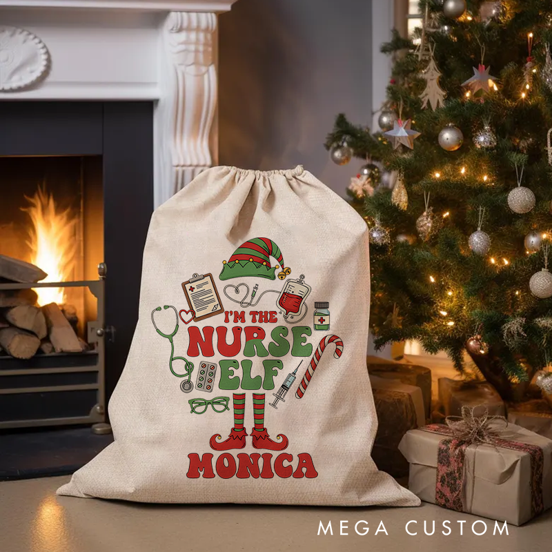 Personalised Christmas Santa Sack for Nurse Custom I'm the Nurse Elf Design Sack Christmas Gift