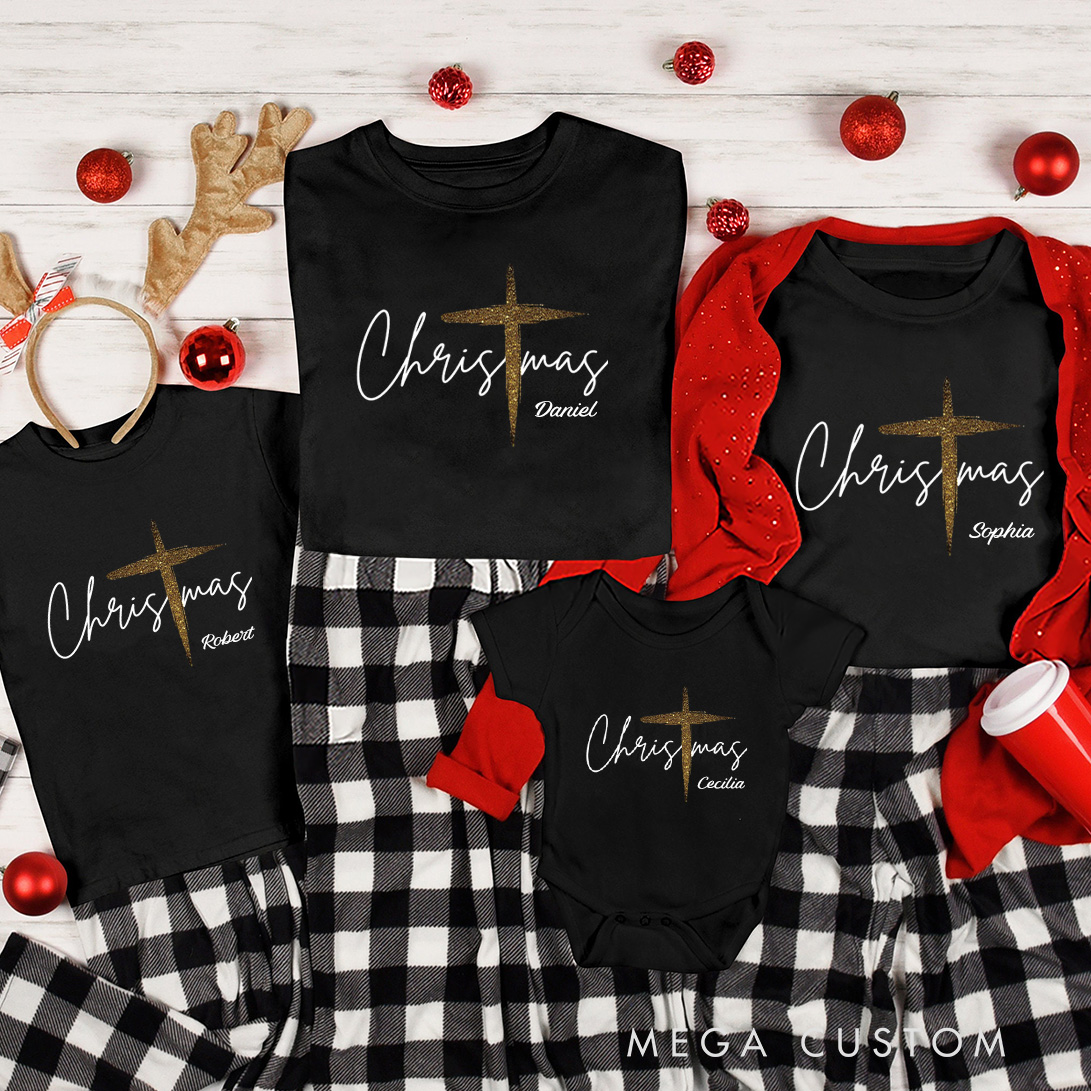 Personalized Christmas Cross Family Matching Christmas T-Shirt with Name Christian Christmas Gift Jesus Christmas Shirt