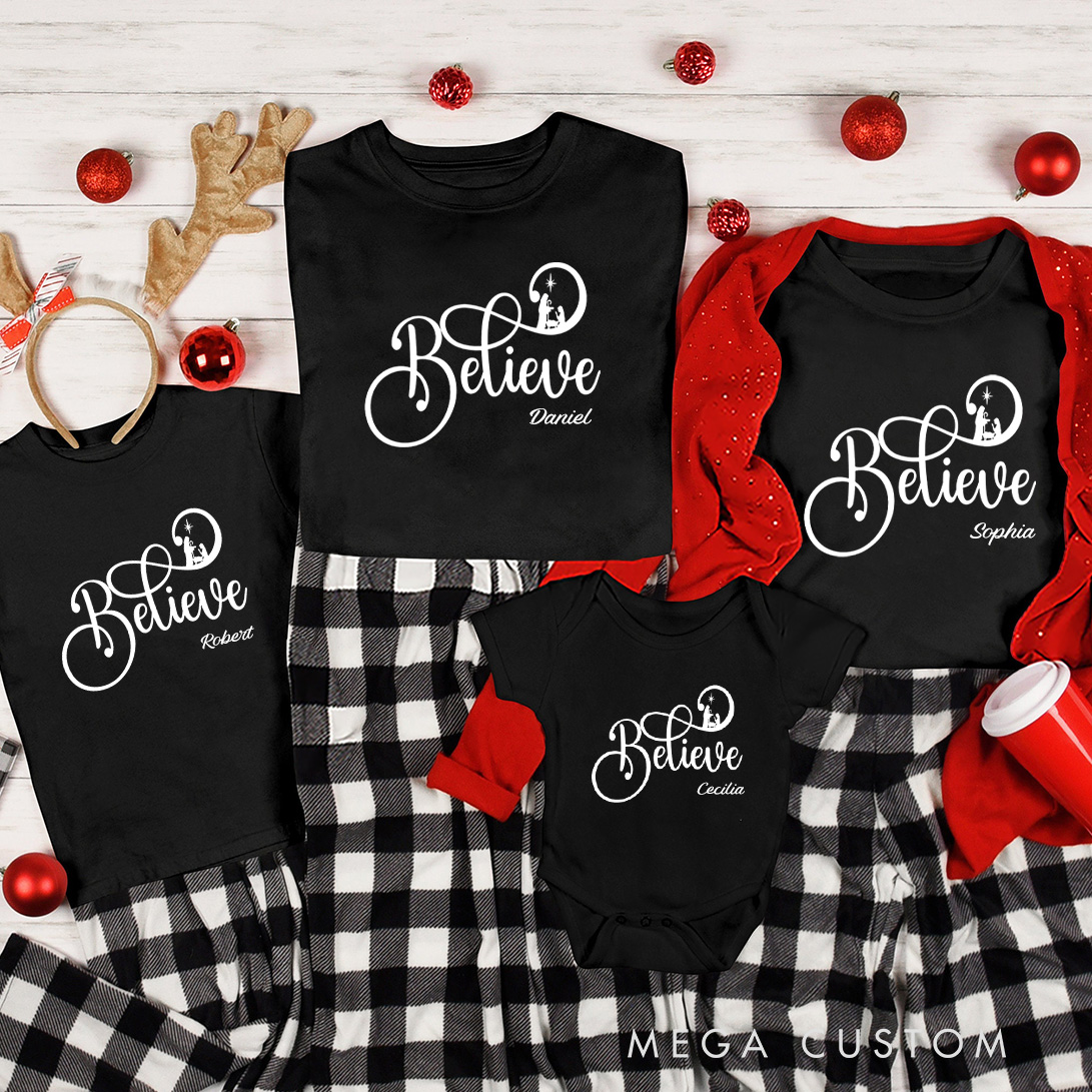 Personalized Believe Jesus Nativity Scene Family Matching Christmas T-Shirt with Name Christian Christmas Shirt Religious Xmas Gift