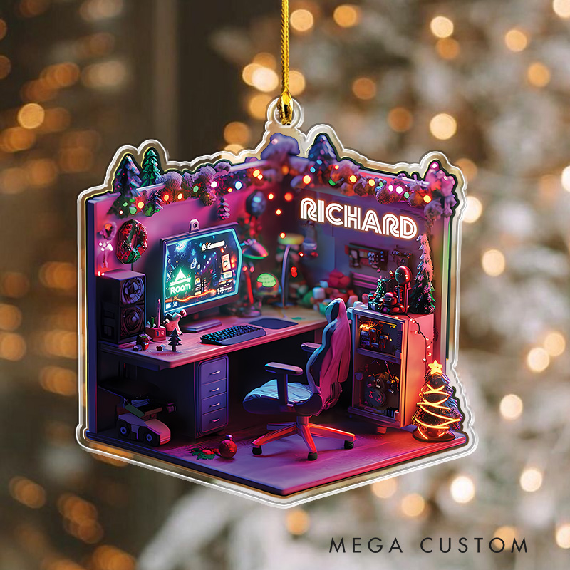 Personalized 2D Cyber Gaming Room Christmas Ornament 2025 Acrylic Ornament Gamer Christmas Gift Video Game Xmas Gift Geek Christmas Decor