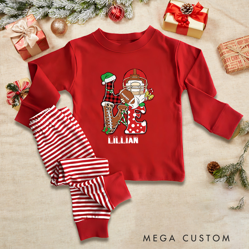 Personalized American Football Love Design Christmas Children's Pajamas with Custom Name
