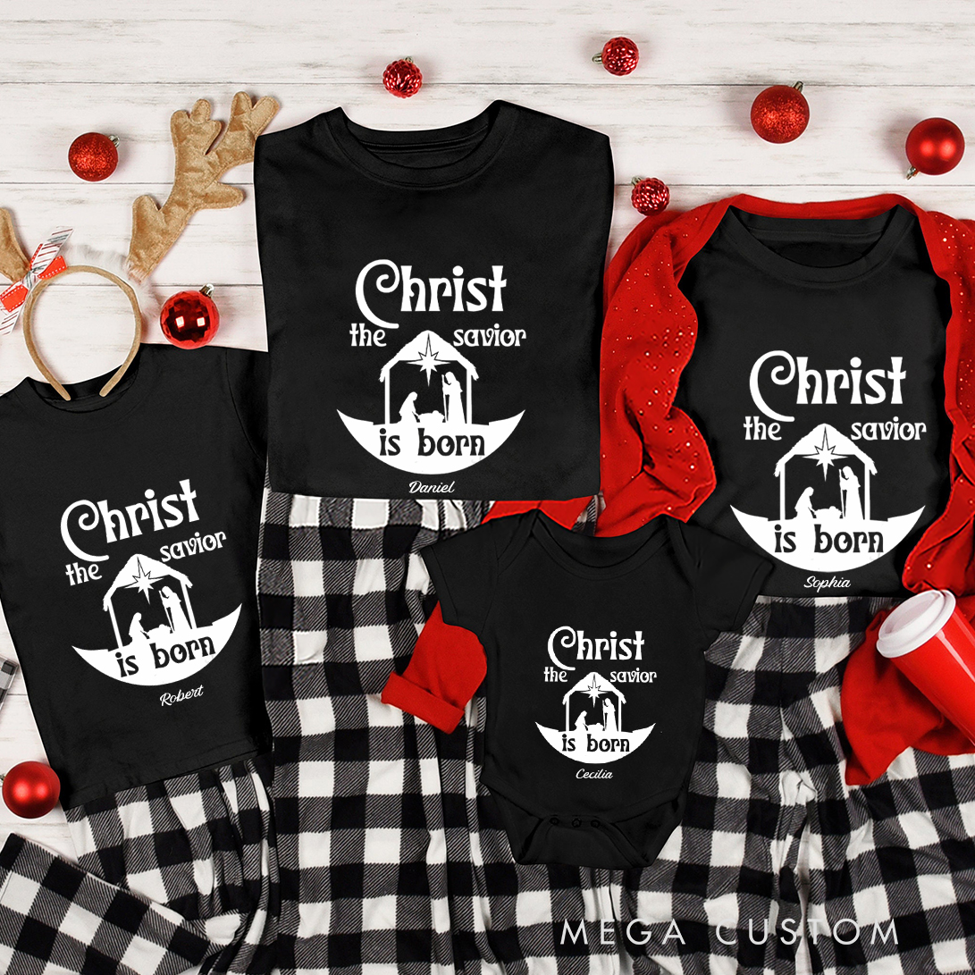 Personalized The Savior is Born Jesus Nativity Christmas Family Matching Crew Neck T-Shirts with Name Religious Gift for Family