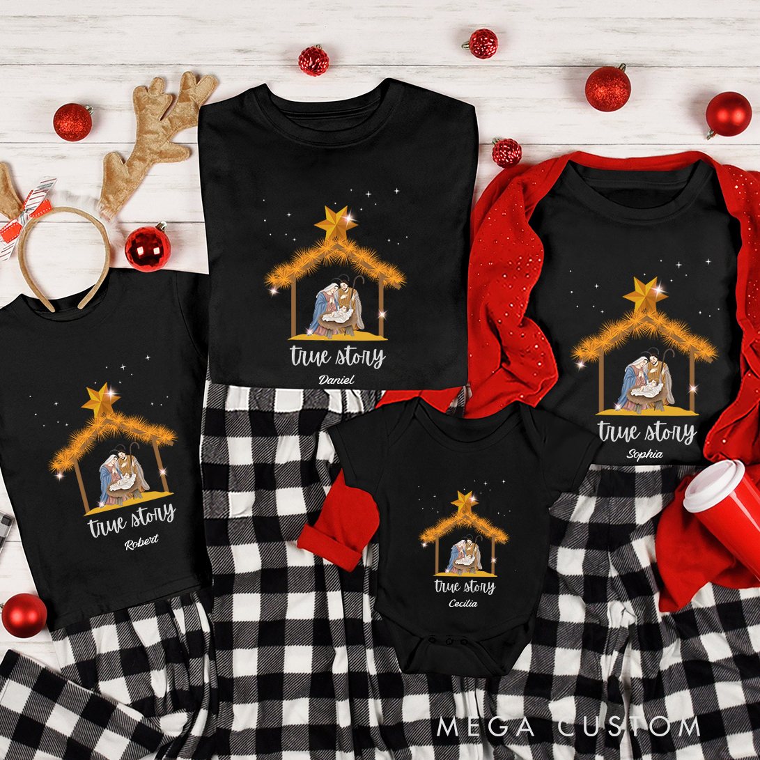 Personalized True Story Jesus Nativity Christmas Family Matching Crew Neck T-Shirts with Name Religious Gift for Family