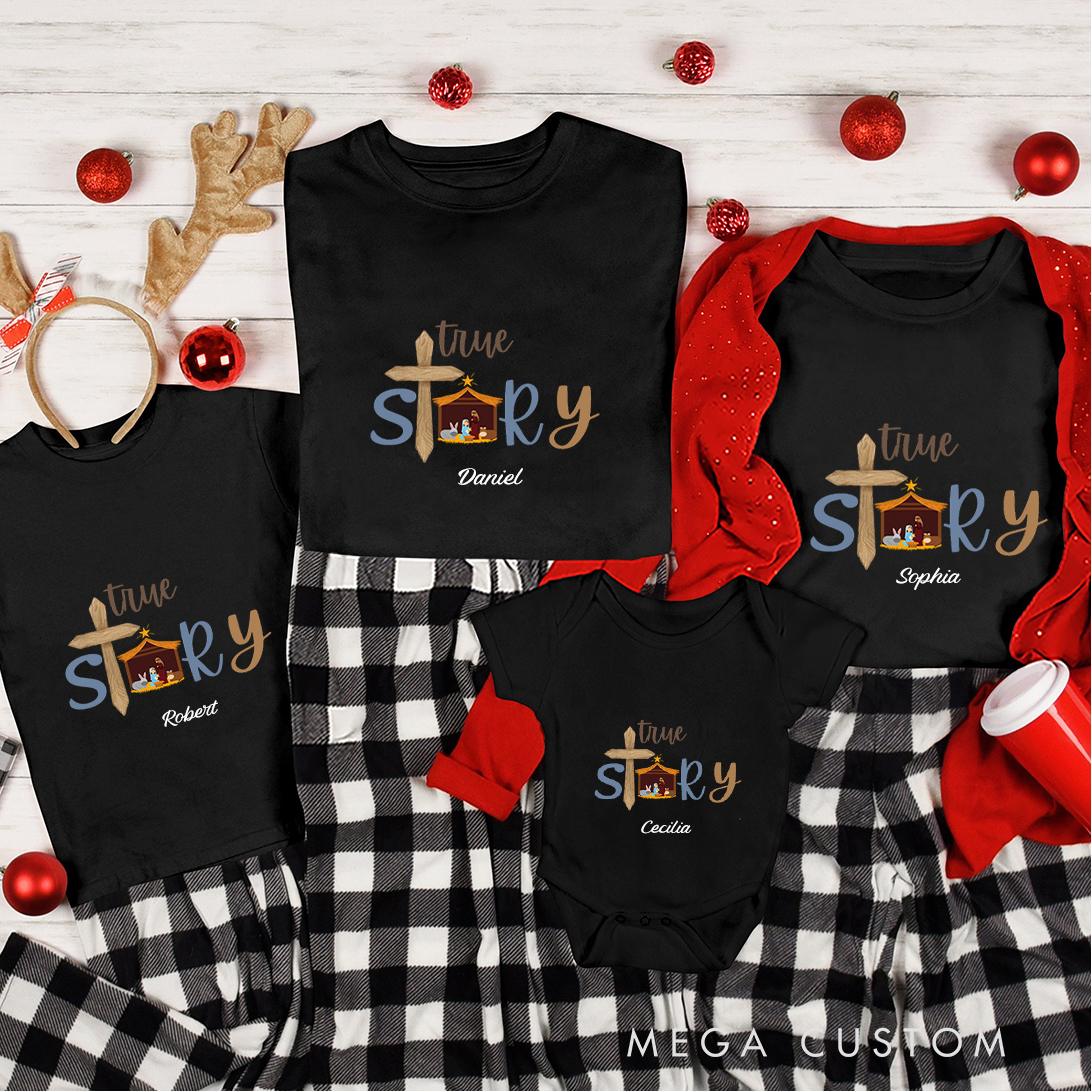 Personalized True Story Cross Christmas Family Matching Crew Neck T-Shirts with Name Christmas Gift Religious Gift for Christians 
