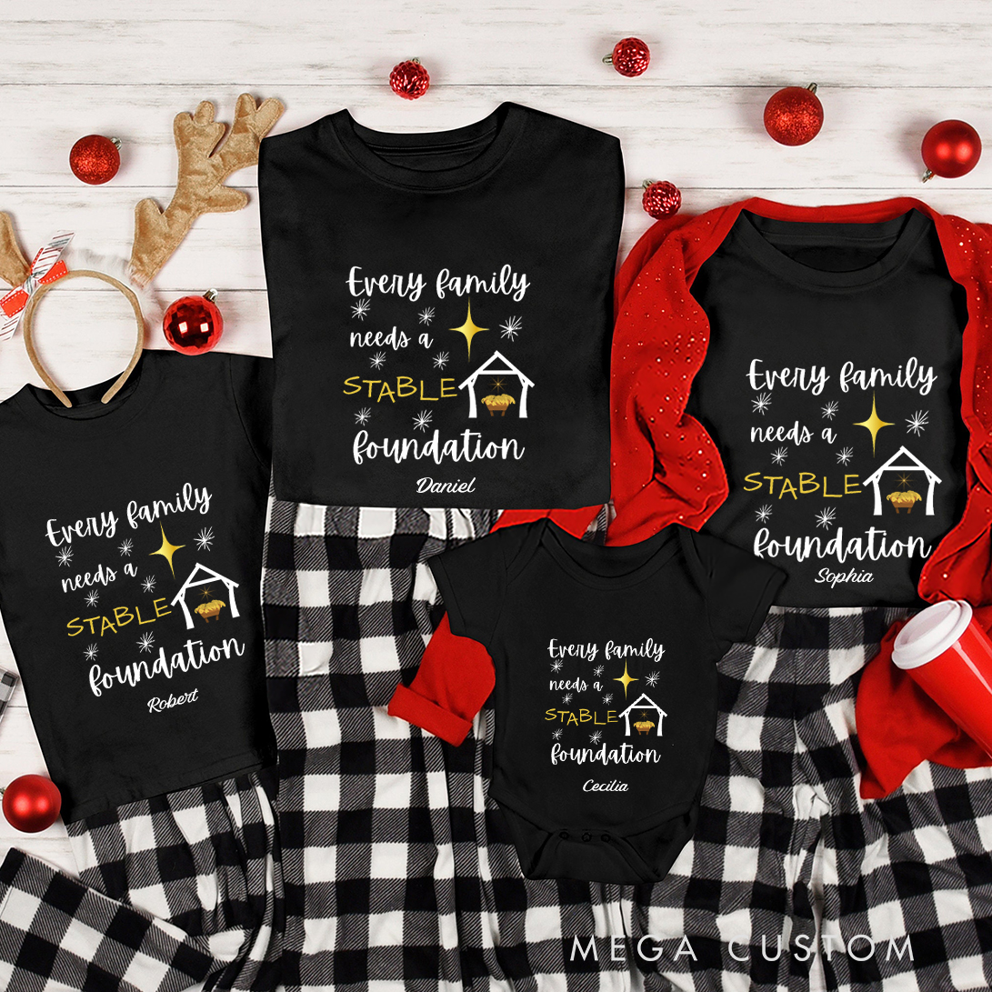 Personalized Stable Foundation Christian Christmas Family Matching Crew Neck T-Shirts with Name Religious Gift for Family