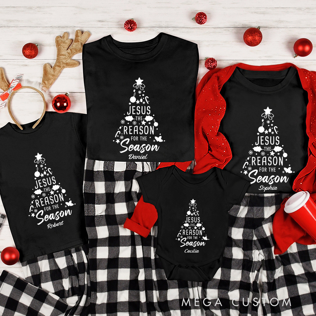 Personalized Jesus is the Reason Family Matching Crew Neck T-Shirts with Name Christmas Gift Religious Gift for Christians 