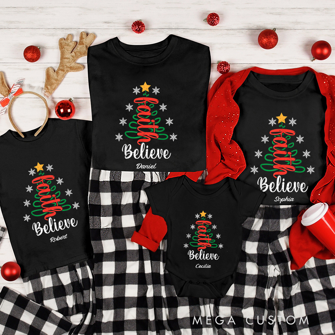 Personalized Christmas Tree Believe Family Matching Crew Neck T-Shirts with Name Religious Gift for Family
