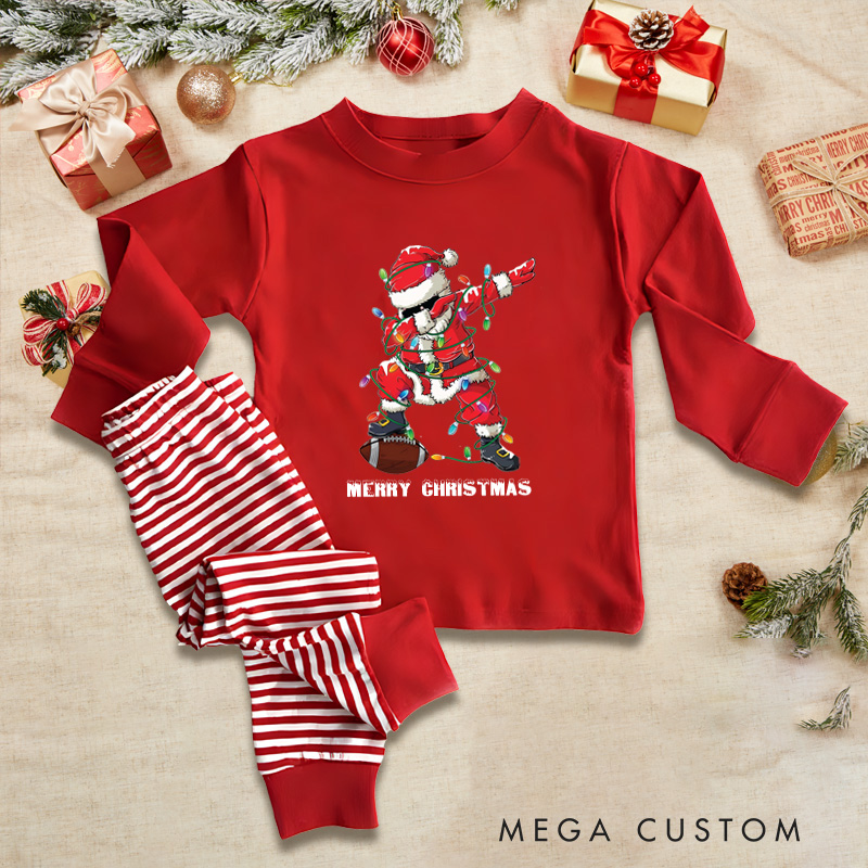 Personalized American Football Santa Dab Christmas Children's Pajamas with Custom Text