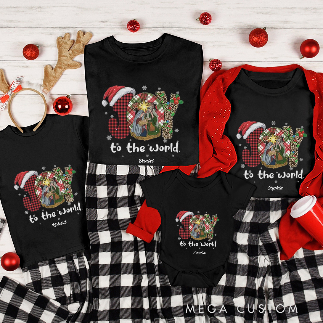 Personalized Joy to the World Buffalo Plaid Leopard Family Matching Cotton T-Shirts with Name Religious Gift Christmas Gift for Family