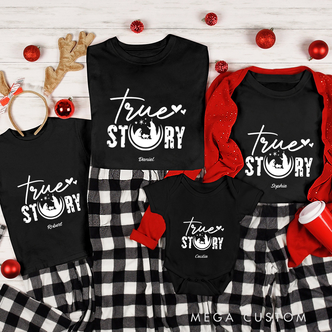 Personalized True Story Nativity Jesus Birth Family Matching Cotton T-Shirts with Name Religious Gift Christmas Gift for Family