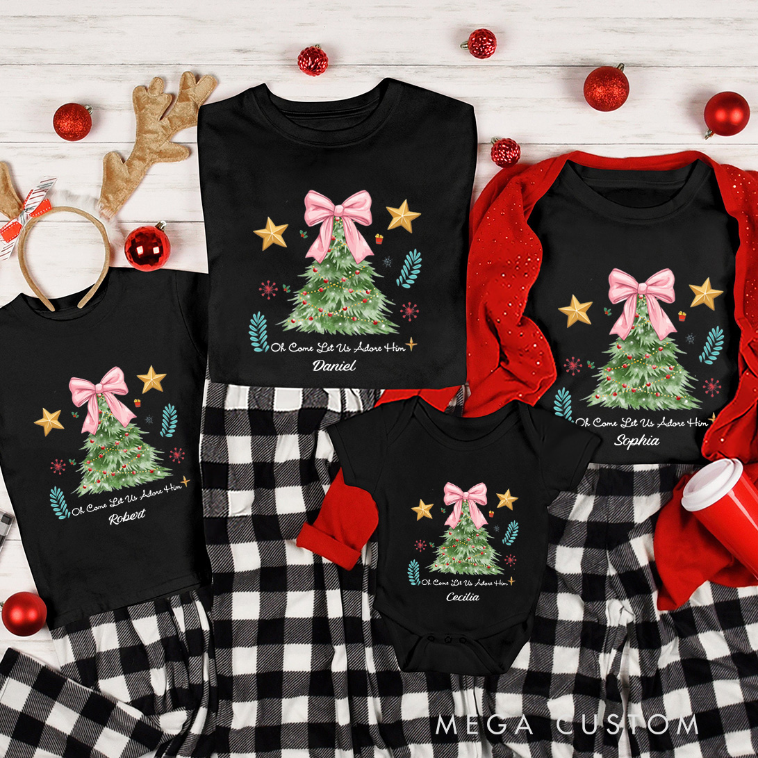 Personalized Oh Come Let Us Adore Him Family Matching Christmas T-Shirt with Name Christmas Tree Shirt Christian Christmas Gift