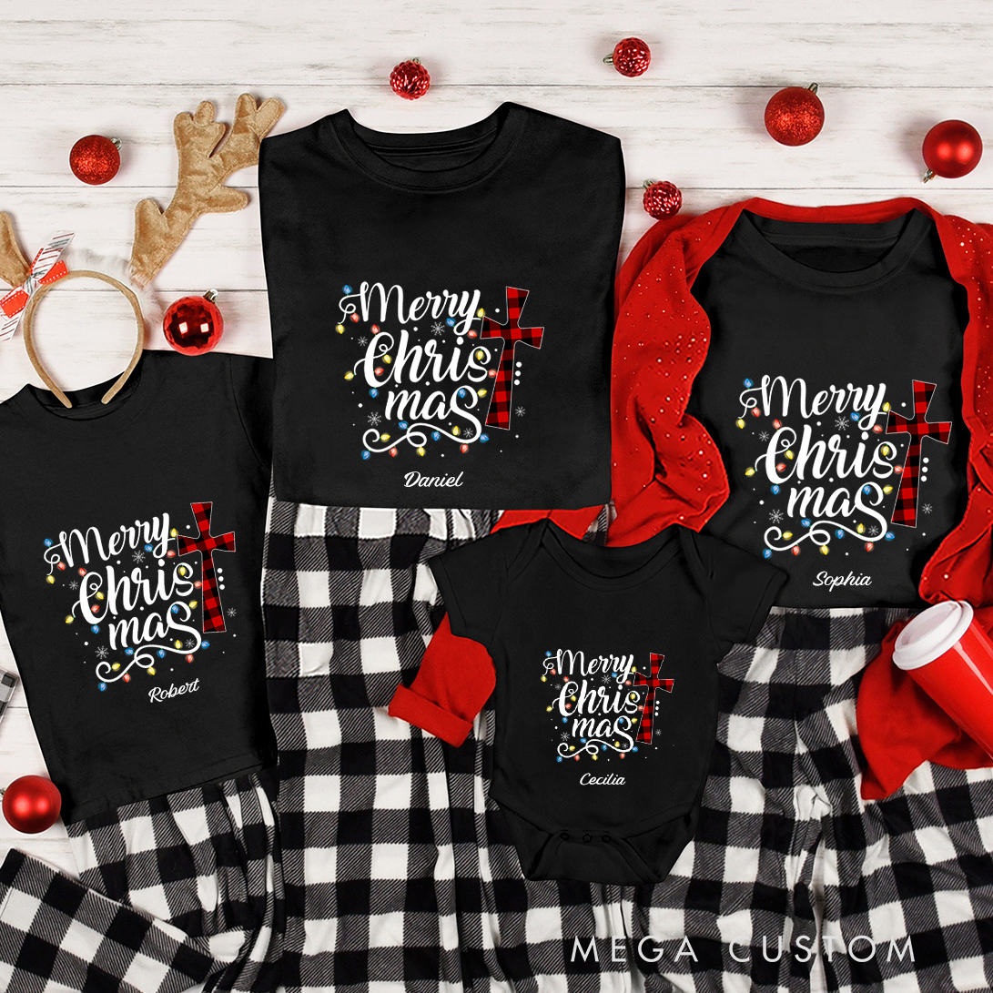 Personalized God Buffalo Red Plaid Christmas Family Matching Crew Neck T-Shirts with Name Religious Gift for Family