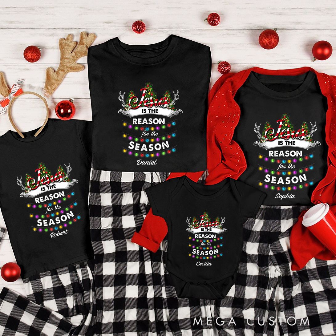 Personalized God Jesus The Reason Season Christmas Stocking Family Matching Crew Neck T-Shirts with Name Religious Gift for Family