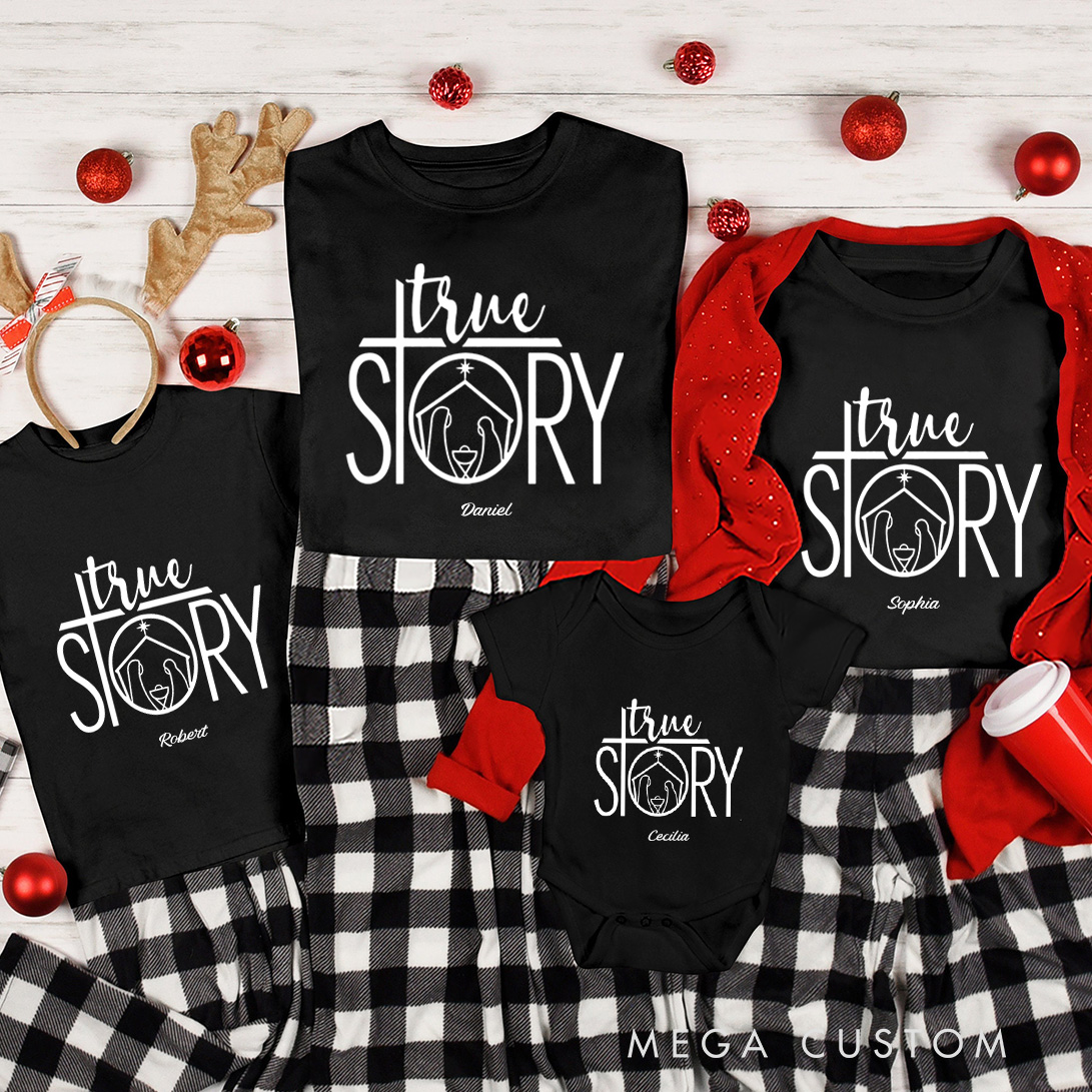 Personalized Cross True Story Nativity Scene Family Matching Cotton T-Shirts with Name Religious Gift Christmas Gift for Family