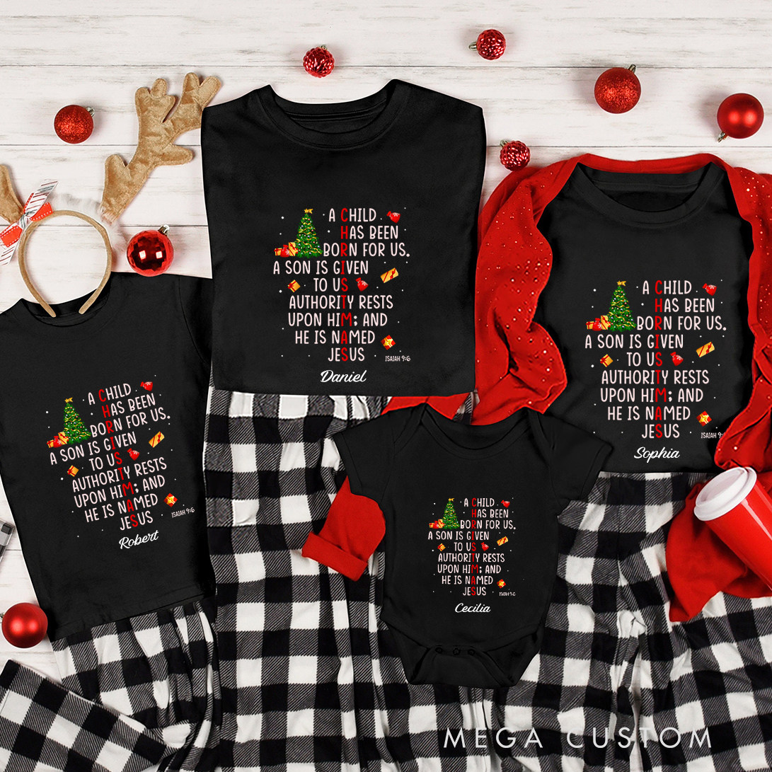 Personalized Jesus Mighty God Isaiah 9:6 Christmas Family Matching Crew Neck T-Shirts with Name Religious Gift for Family