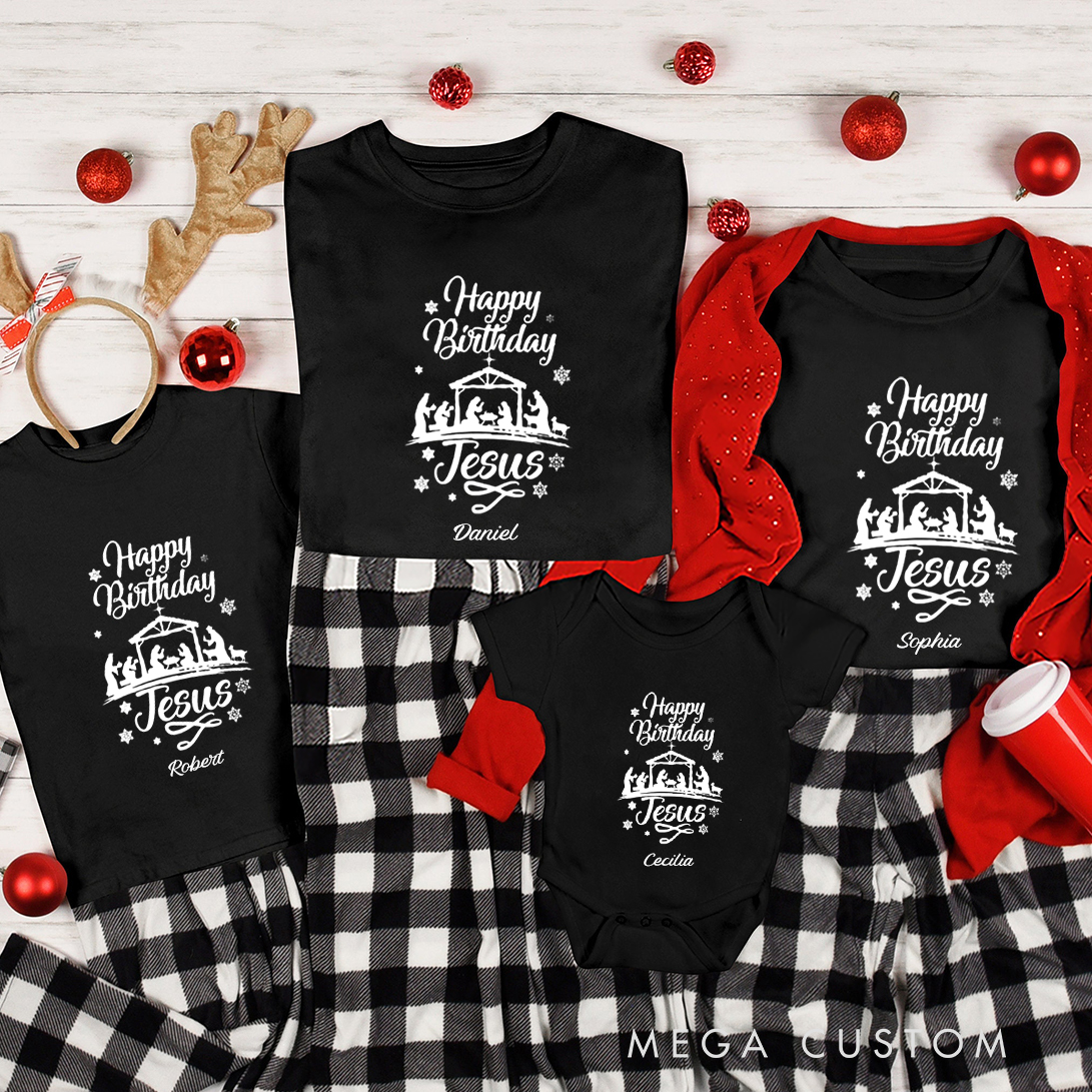 Personalized Christmas Nativity Scene Christmas Family Matching Crew Neck T-Shirts with Name Religious Gift for Family