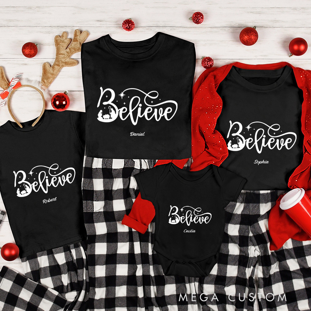 Personalized Believe Nativity Scene Family Matching Cotton T-Shirts with Name Religious Gift Christmas Gift for Family