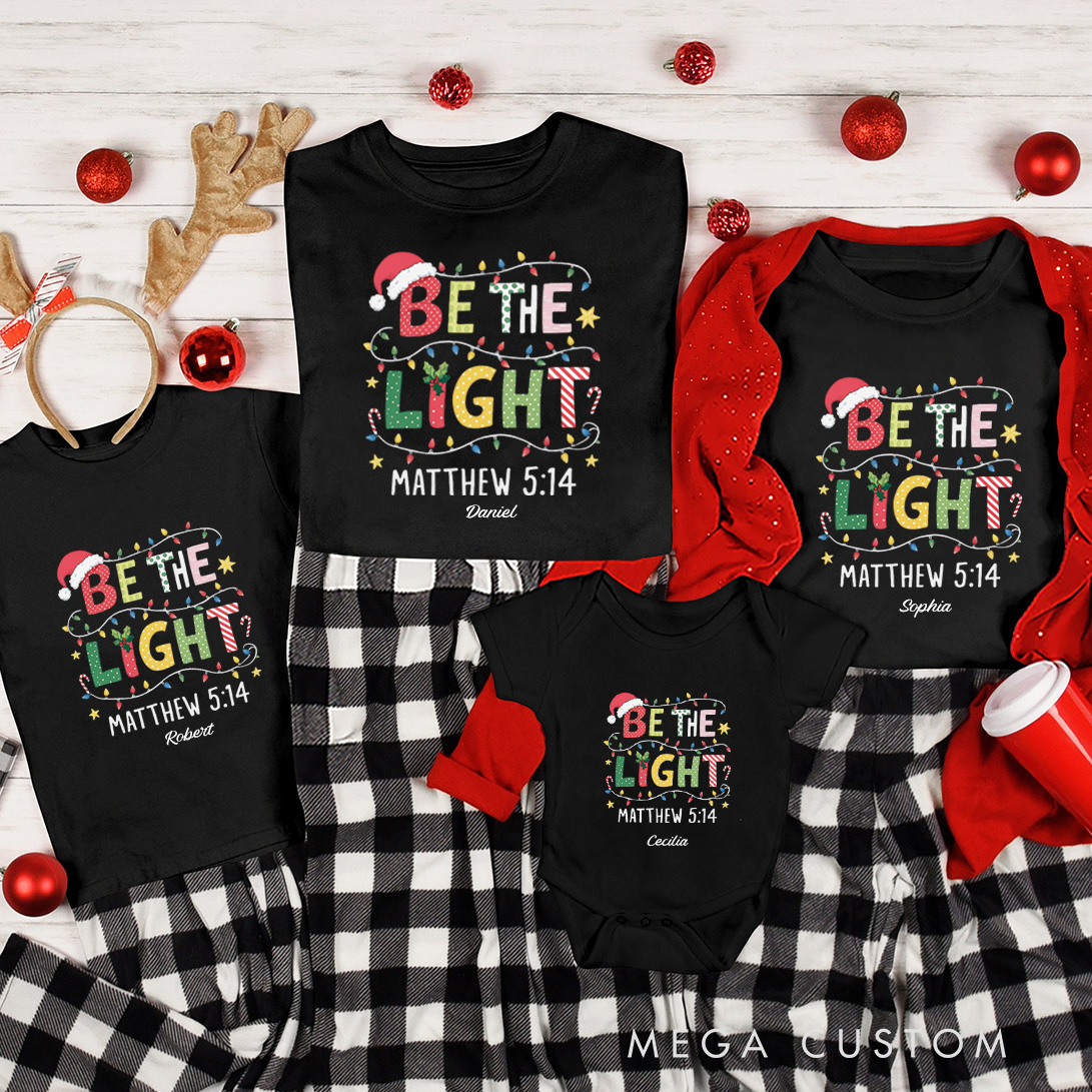 Personalized be the Light Matthew 5:14 Family Matching Cotton T-Shirts with Name Religious Gift Christmas Gift for Family