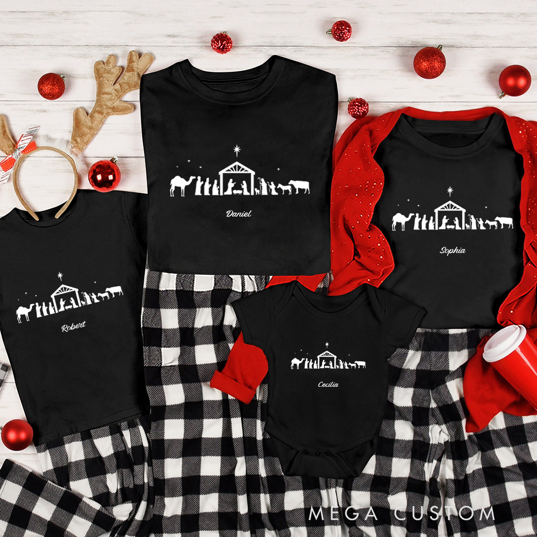 Personalized Jesus Nativity Family Matching Cotton T-Shirts with Name Religious Gift Christmas Gift for Family Christian Gift