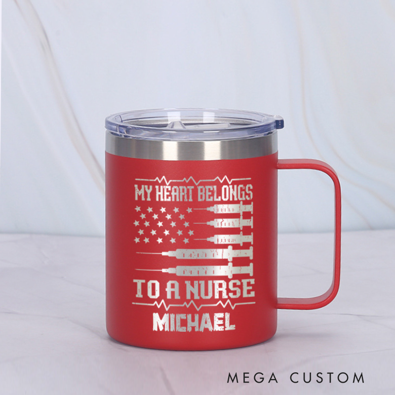 Personalized Laser Engraved Coffee Mug Custom My Heart Belongs to a Nurse Design Coffee Mugs Insulated Stainless Steel Mugs