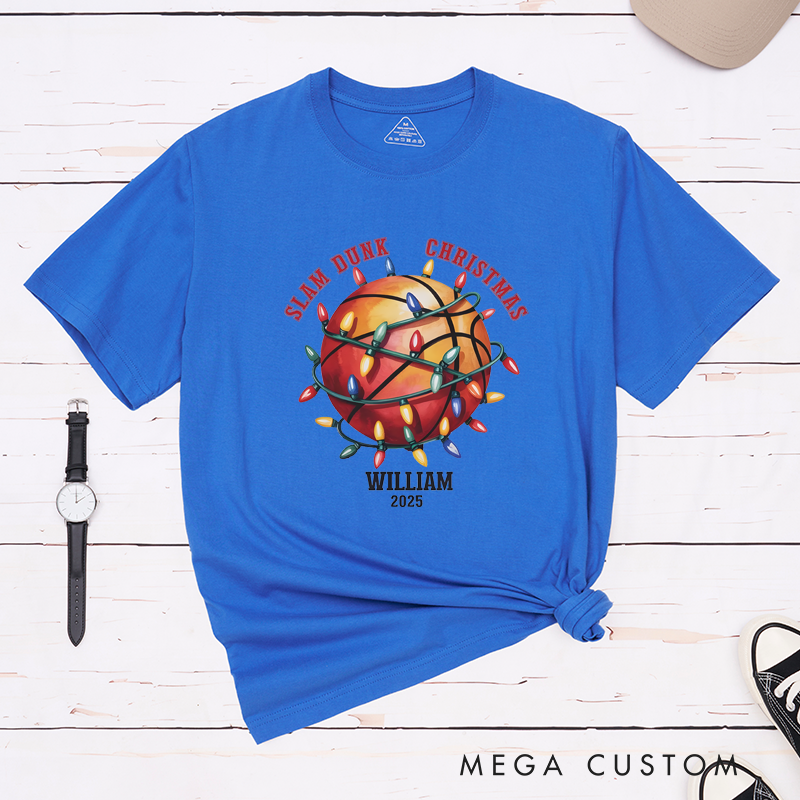 Personalized Christmas Basketball T-Shirt with Custom Name, Year, and Festive Holiday Lights Design