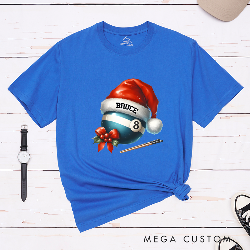 Personalized Christmas Billiards T-Shirt with Custom Name, Santa Hat, and Festive Design
