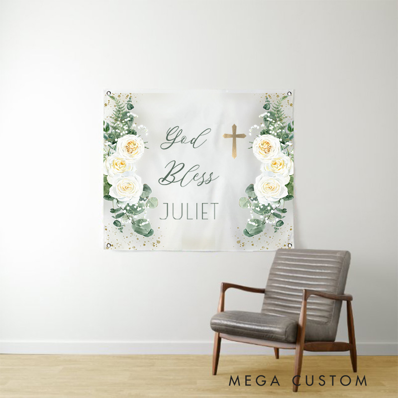 Personalized God Bless Cross Tapestry with Name Elegant Boho WhiteRose Floral Eucalyptus Wall Hanging Decor Room Decor Baptism Gift