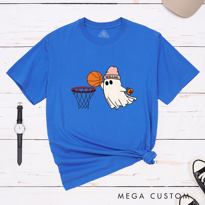 Personalized Halloween Basketball T-Shirt with Cute Ghost, Pumpkin, and Custom Name Design