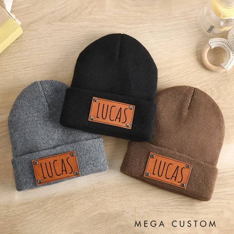 Personalized Beanie with Name Hat Engraved Leather Patch Beanie