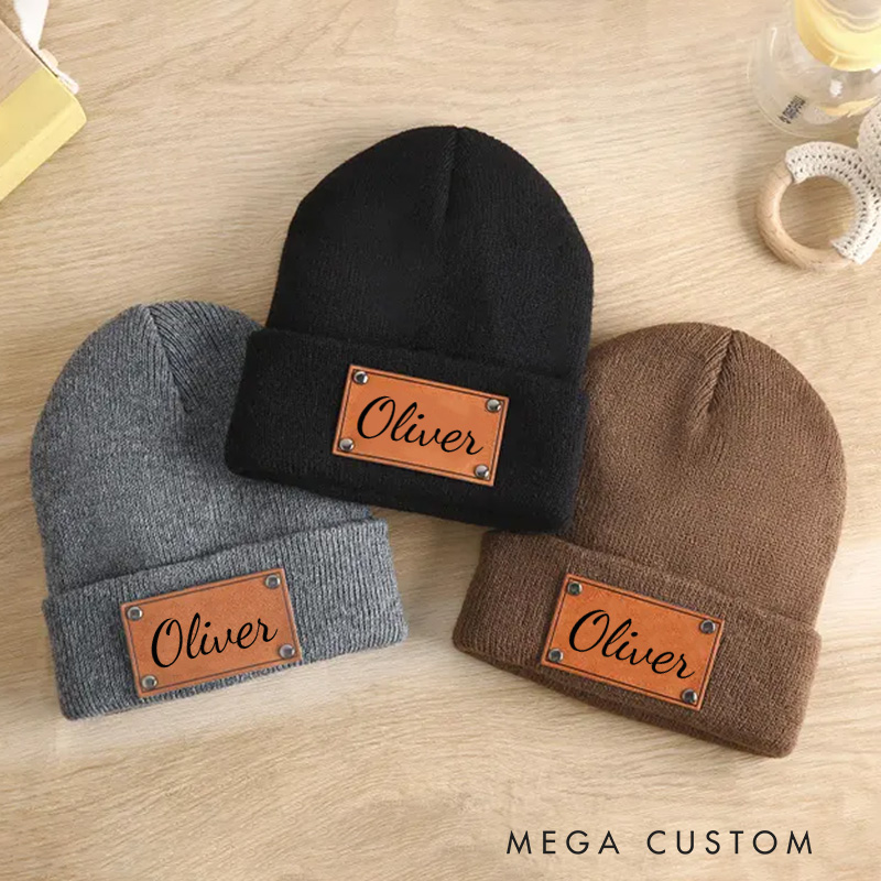 Personalized Beanie with Name Hat Engraved Leather Patch Beanie Birthday Gifts
