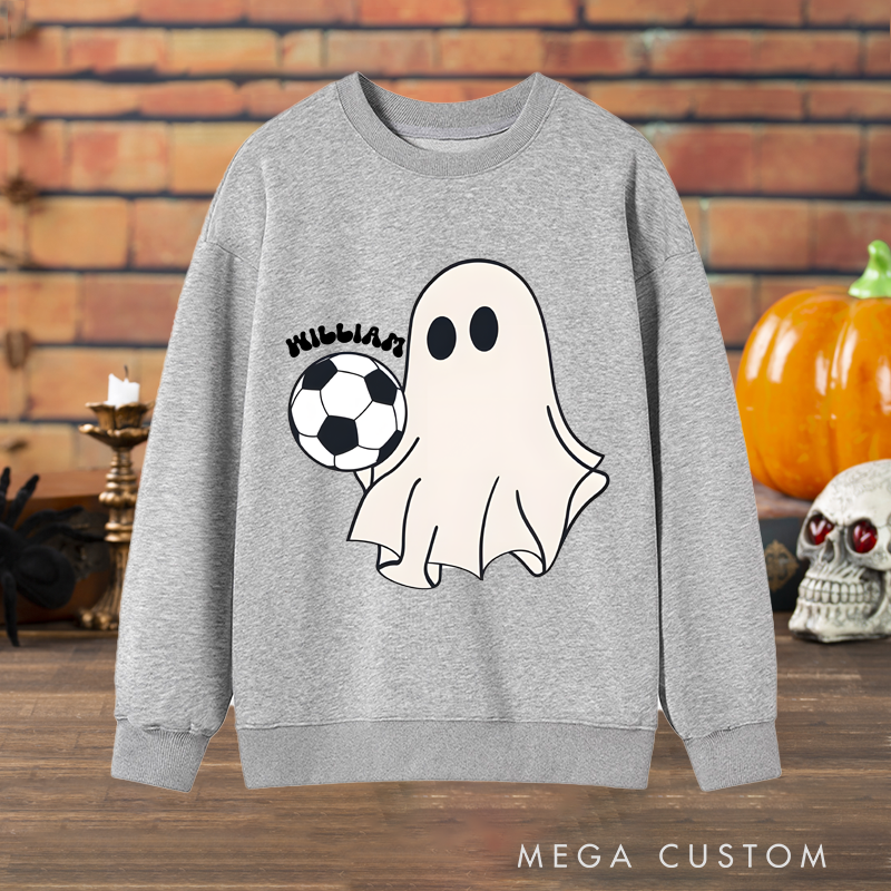 Personalized Halloween Soccer Sweatshirt with Cute Ghost, Soccer Ball, and Custom Name Design
