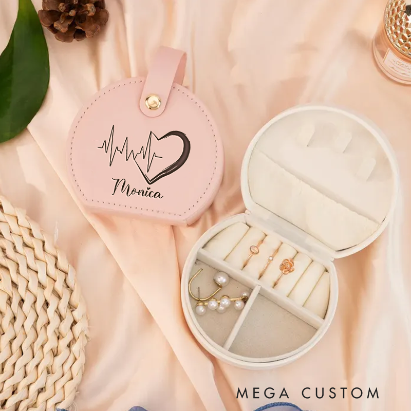 Personalized Leather Jewelry Box Engraved Heartbeat Design Nurse Jewelry Travel Case Custom Jewelry Organizer Gift