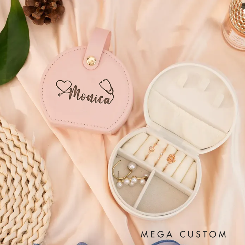 Personalized Leather Jewelry Box Engraved Heart Stethoscope Design Nurse Jewelry Travel Case Custom Jewelry Organizer Gift