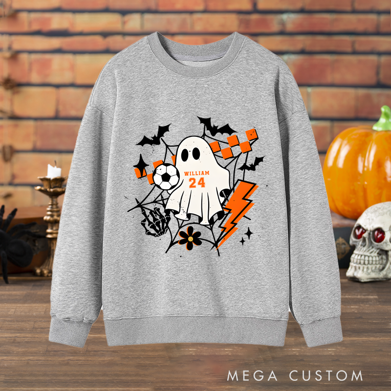 Personalized Halloween Sweatshirt with Ghost, Soccer Ball, Custom Name, and Number Design