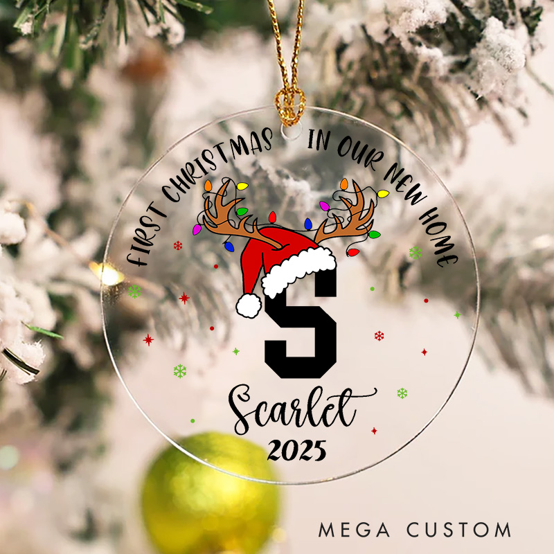 Personalized First Christmas in Our New Home Ornament 2025 Monogram and Reindeer Antlers Design Custom Name Keepsake Housewarming Holiday Decoration