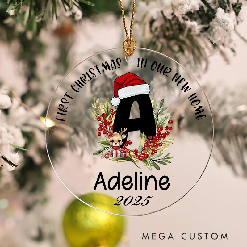 Personalized First Christmas in Our New Home Ornament 2025 Monogram with Santa Hat and Reindeer Design Custom Name Keepsake Christmas Gifts for Kids