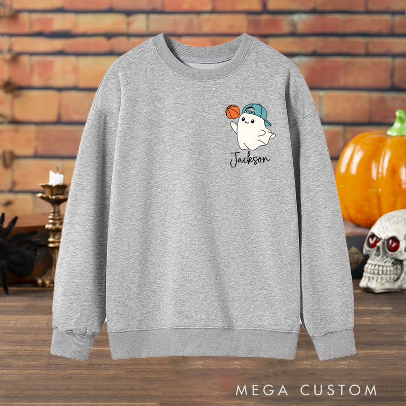 Personalized Halloween Sweatshirt with Cute Ghost, Basketball, and Custom Name Design