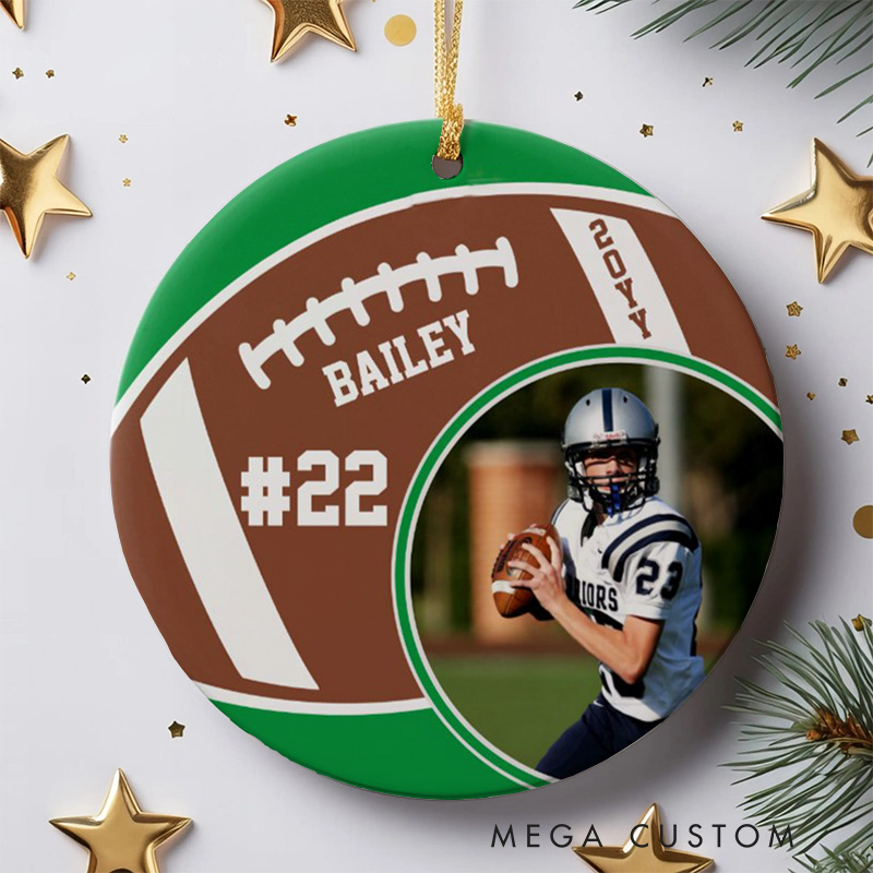 Personalized American Football Photo Design Christmas Ornament with Custom Number, Player Name and Year
